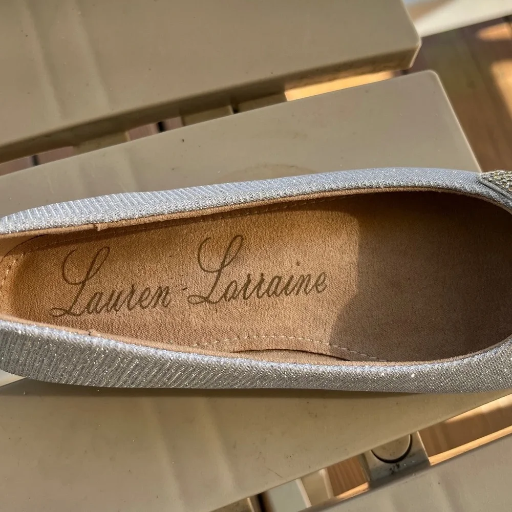 Lauren‎ Lorraine Silver Glitter Rhinestone Bow Ballet Flats Kids Size 10.5 NWB